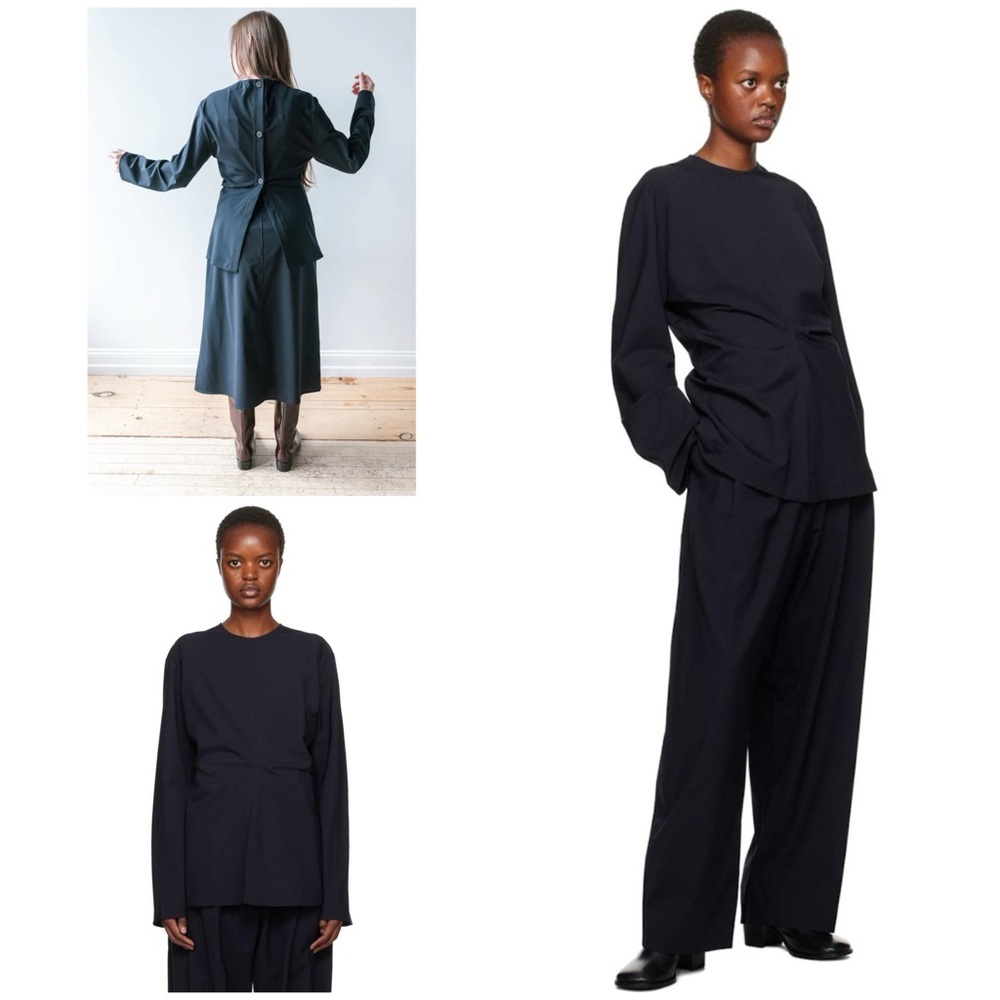 STUDIO NICHOLSON Ontaria Dark Navy Blue Cinched Waist Virgin wool Blend Blouse​